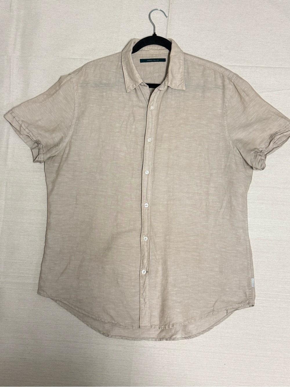 Natural Fabric - Perry Ellis Men's Short-Sleeve Linen & Cotton Shirt in Stone